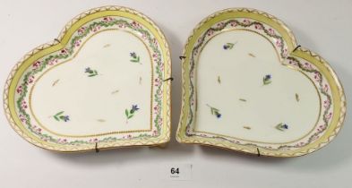 A pair of 19th century Spode heart form dishes painted sprigs of flowers in floral and yellow