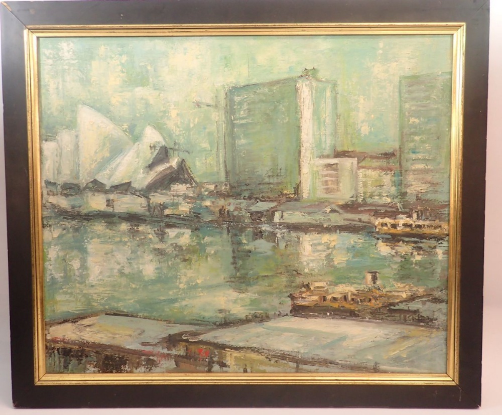 An oil on board Sydney townscape with opera house, signed indistinctly, 50 x 60cm