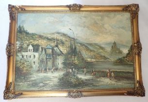 A large oil on canvas of village scene by a lake, signed Martineau?, 60 x 90cm