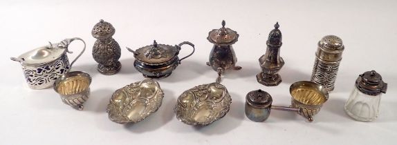 A collection of eight various silver cruets including salts, peppers and mustard plus an Indian