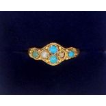 A Victorian gold ring set turquoise and seed pearl (one pearl deficient) size I, 1.5g