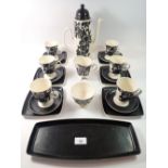 A Carlton Ware vintage coffee set decorated black sunflowers comprising coffee pot (lid a/f), six