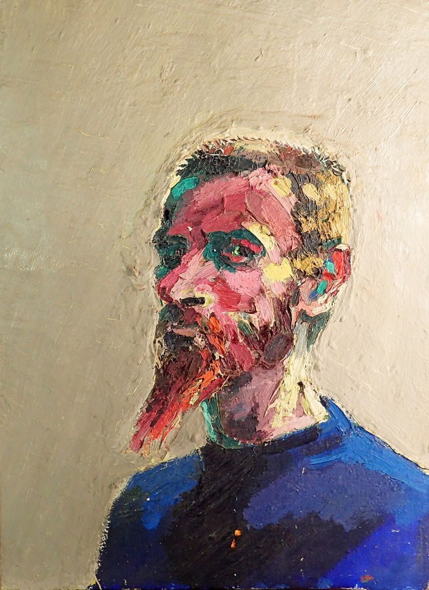 George Rowlett (born 1941)- early oil on canvas self portrait, signed and titled in paint to reverse