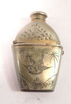A silver plated flask form vesta case engraved bird