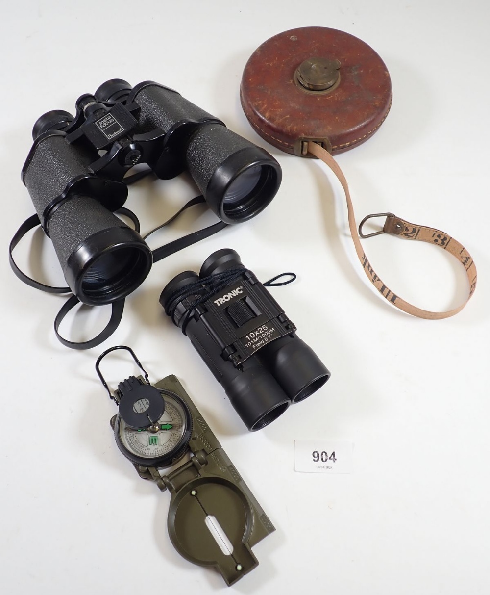 A group of collectables including Rabone tape measure, two pairs of binoculars and a compass