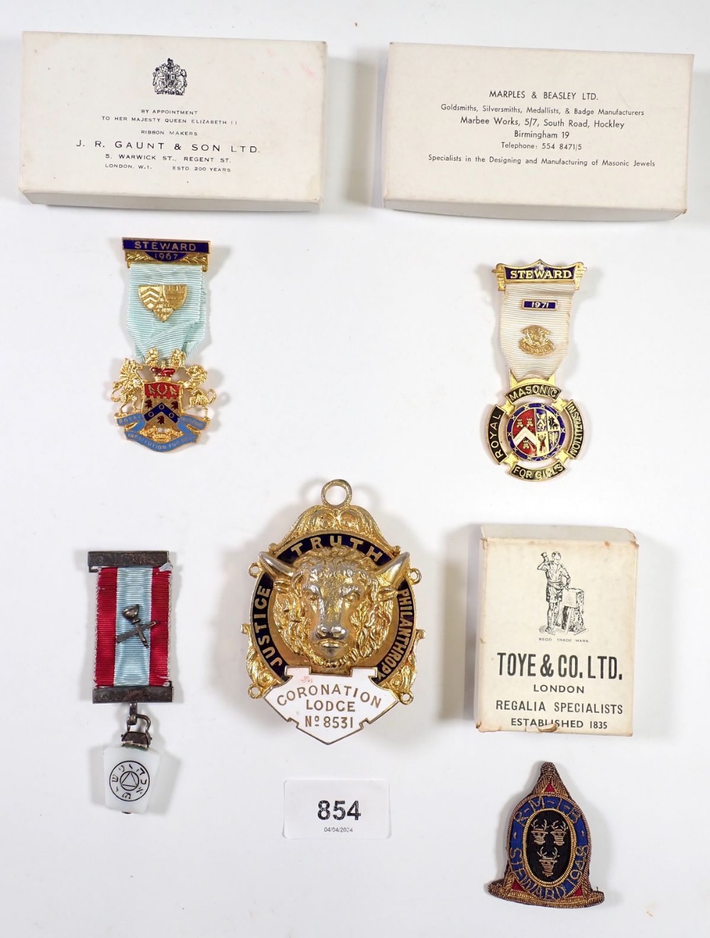 A group of five masonic jewels, some boxed