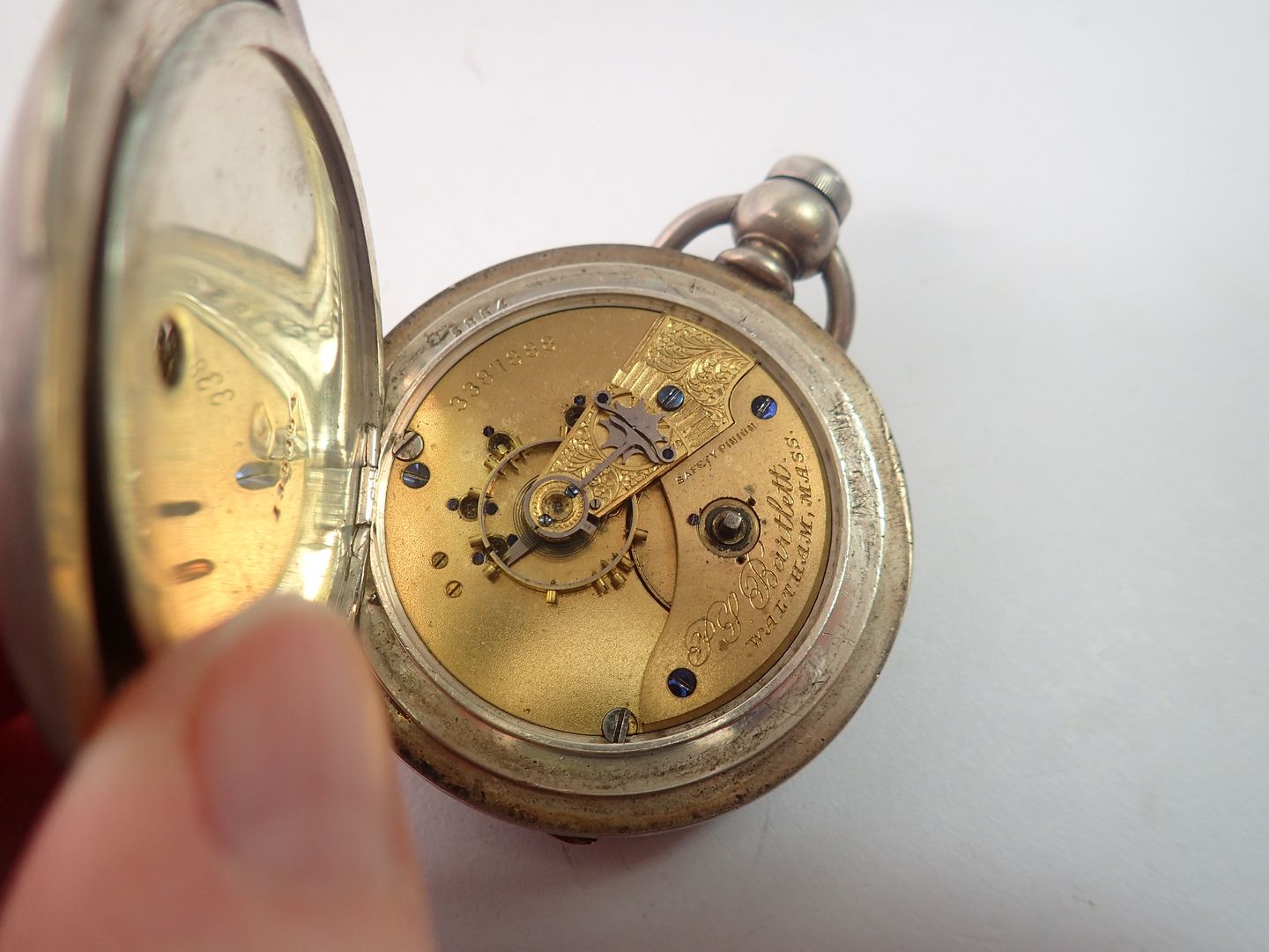 A Waltham silver plated keyless wind 'American' pocket watch and key - Image 2 of 2