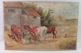 W Wallace Dykes - oil on board farmyard scene, signed and dated 1911, 31 x 47cm, unframed