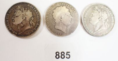 Three silver crowns, George III 1819 and George IV 1821 and 1822
