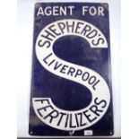 An enamel vintage sign 'Agent For Shepherd's Liverpool Fertilizers' 68 x 40cm