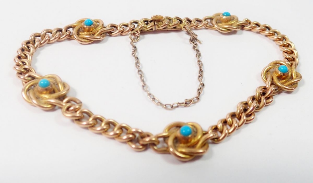 A 15 carat gold chain link bracelet set turquoise, 9.2g - Image 2 of 3