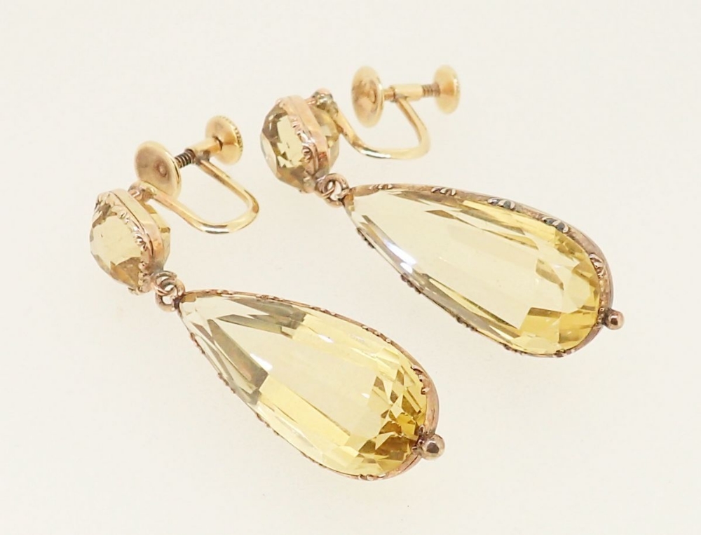 A pair of 14k gold large teardrop citrine earrings with screw fittings, large stone 2.8cm drop