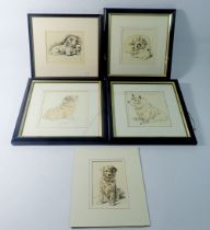 A set of four prints of dogs by Lucy Dawson plus one unframed, 11 x 13cm