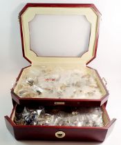 A jewellery display cabinet case with drawer and glazed hinged top plus contents of