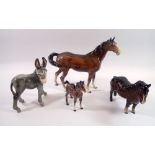 A Beswick brown mare and foal, a Beswick pony and an Italian Donkey, tallest 22cm