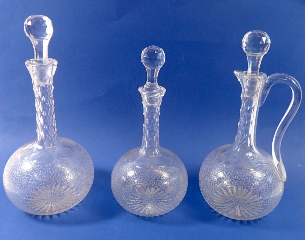 Three Victorian facet cut glass decanters, four cocktail glasses and four sherry glasses, all etched - Image 2 of 2