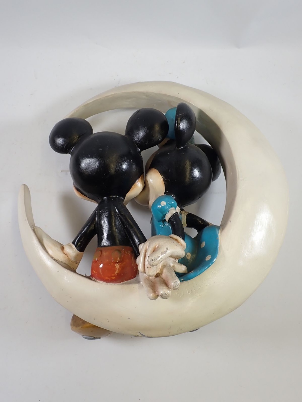 A vintage composition large Mickey & Minnie Mouse figure group seated on a crescent moon, marked - Image 2 of 4