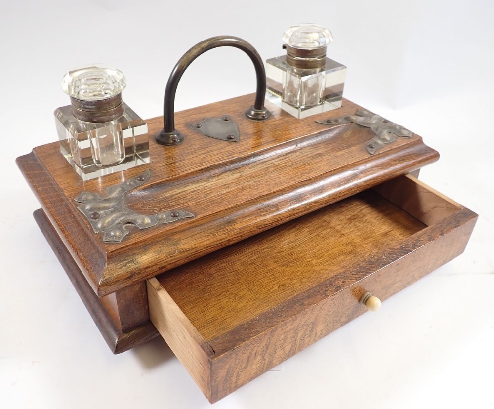 A Victorian oak desk stand with two cut glass inkwells and drawers, 28cm wide - Image 2 of 2