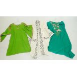 Two green tunic style embroidered dresses and a dressing gown