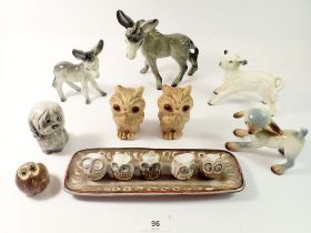 A group of animal ceramics including a Sylvac lamb, donkeys, owls etc.