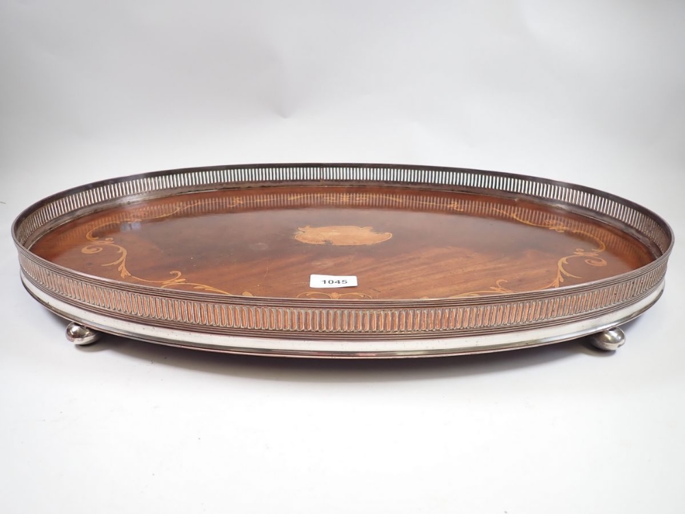 An Edwardian inlaid mahogany and silver plated galleried tray, 60 x 40cm - Image 2 of 3