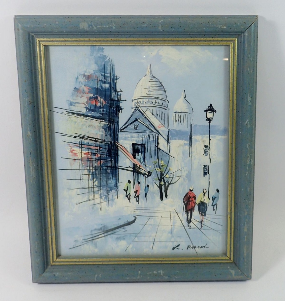 L Pascal - gouache vintage continental town scene, 25 x 20cm