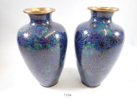 A pair of blue floral cloisonne enamel vases, 23cm