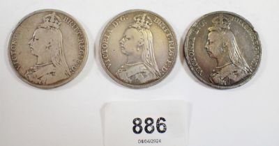 Three Victoria silver crowns 1888, 1889 and 1890