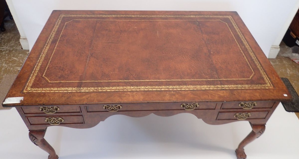 An early 20th century burr walnut large Queen Anne style library desk with five drawers (five - Image 3 of 5