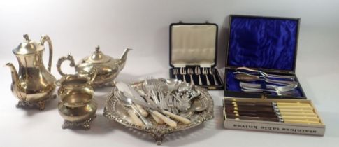 A group of silver plated items including Victorian tray, teaset and cutlery