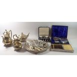 A group of silver plated items including Victorian tray, teaset and cutlery