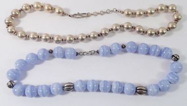 A lace agate and white metal bead necklace and a white metal necklace