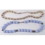 A lace agate and white metal bead necklace and a white metal necklace