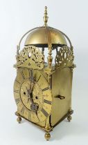 A 19th century brass lantern clock with two train movement, 39cm tall