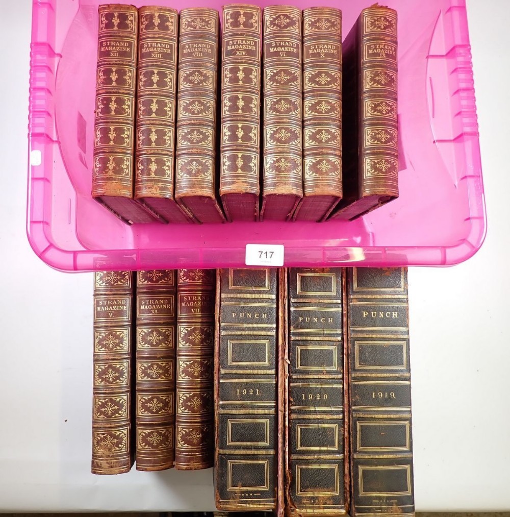 A group of leather bound Strand magazines including sherlock Holmes etc.