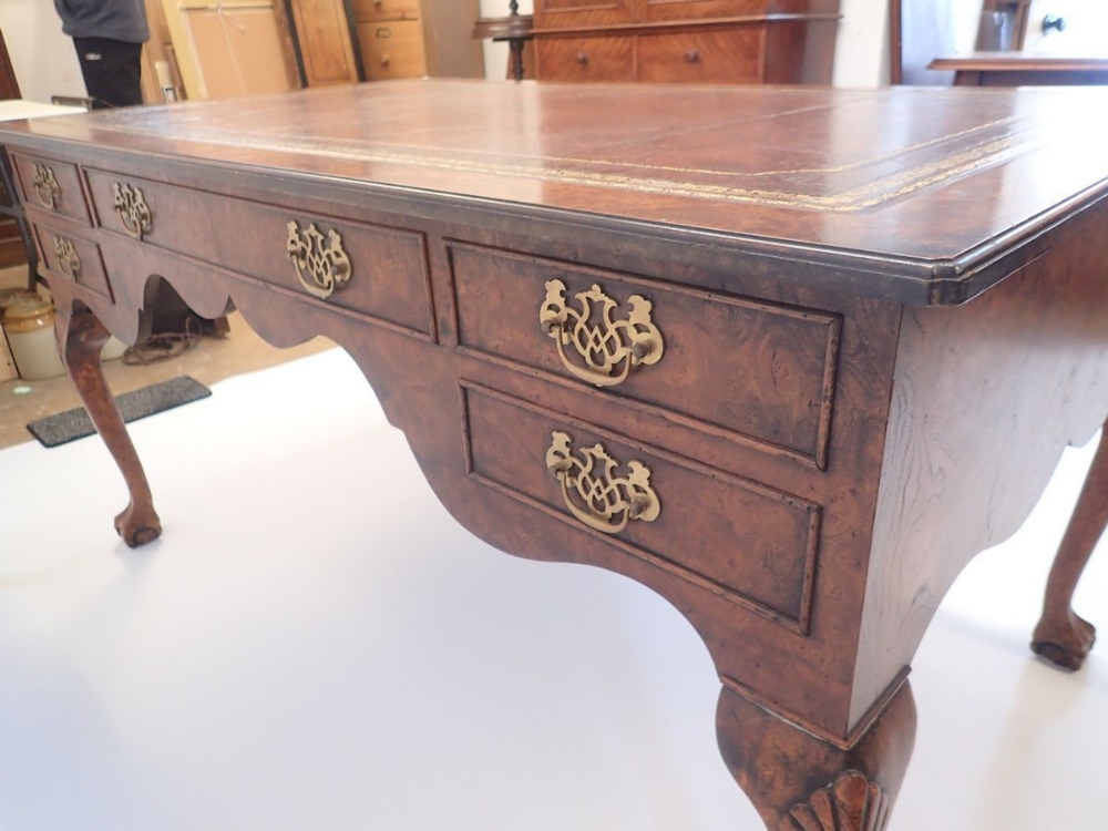 An early 20th century burr walnut large Queen Anne style library desk with five drawers (five - Image 5 of 5