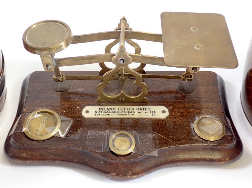 A set of Edwardian postal scales, 19cm wide and two oak and chrome biscuit barrels, 16cm tall - Image 2 of 2