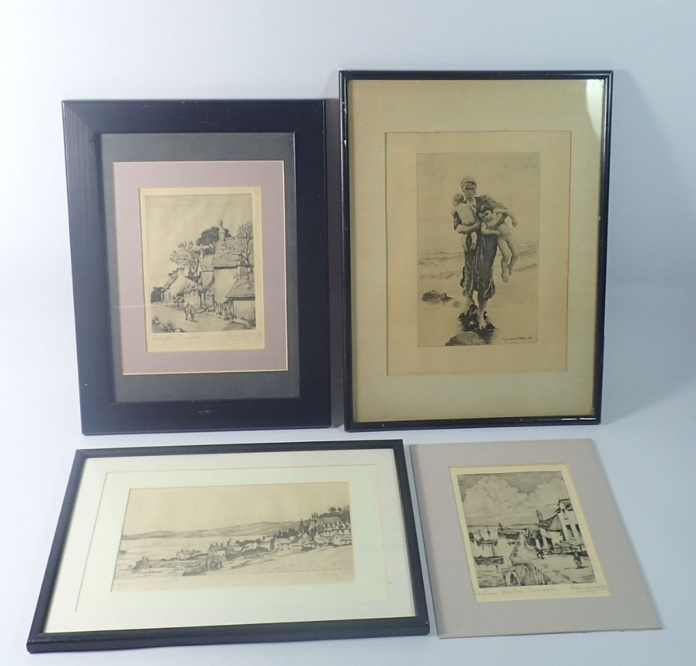 Frederick Juniper - three etchings Newlyn and Cornwall, largest 22 x 13cm plus an etching of