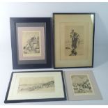 Frederick Juniper - three etchings Newlyn and Cornwall, largest 22 x 13cm plus an etching of