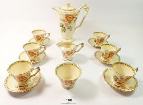 A James Kent 'Gloria' Art Deco coffee set comprising six cups and saucers, coffee pot, milk and