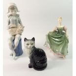 A Beswick cat, Doulton figure and Nao figure