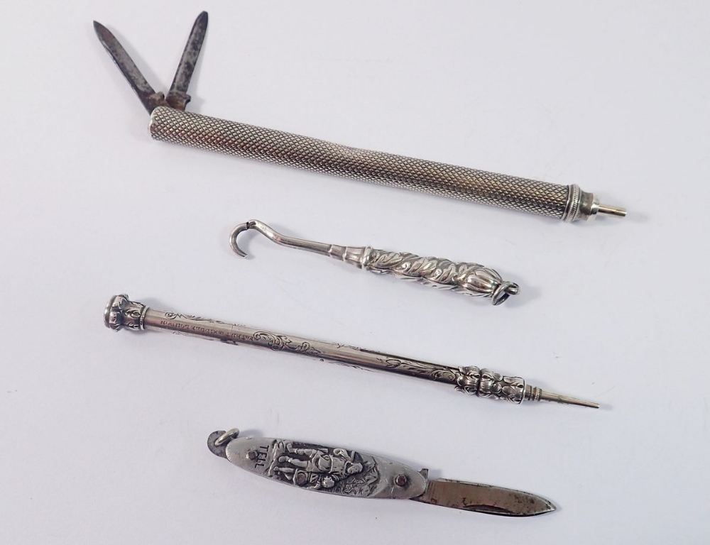 A white metal pencil with two folding blades, another white metal pencil, penknife etc. - Image 2 of 2