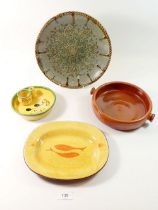 A group of pottery items including olive dish, small fish design plate marked PC etc.