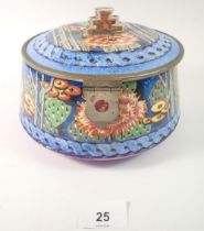 An unusual 1930s ceramic Art Deco circular sewing box printed floral decoration with hinged metal