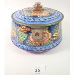 An unusual 1930s ceramic Art Deco circular sewing box printed floral decoration with hinged metal