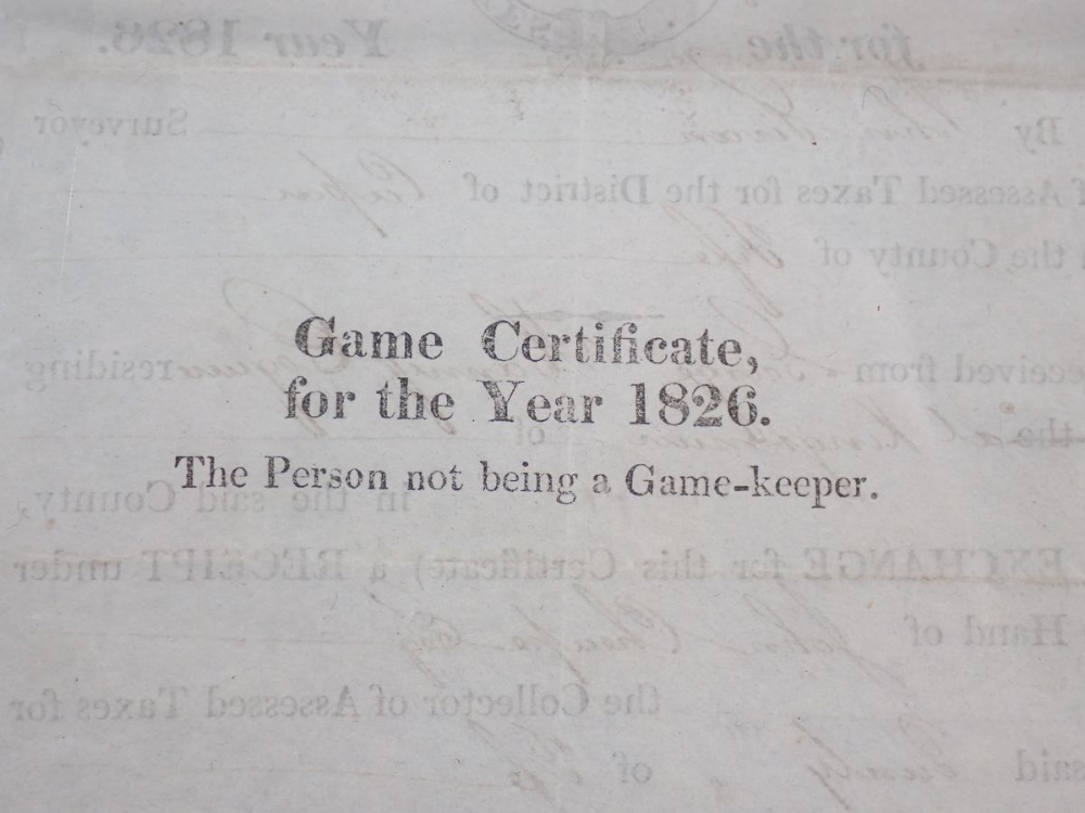 A Scottish George IV game certificate dated 1826, to George Haney Esq of Kingsmuir, £3, 13s & 6d, - Image 2 of 2