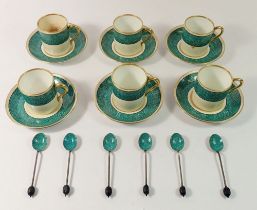 A set of six turquoise and gilt banded coffee cups and saucers by F Darton & Co Ltd London and six