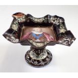A 19th century Limoges enamel small tazza decorated portrait of 16th century gentlemen, wearing