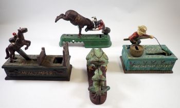 Four Victorian style cast iron money boxes, 'Showjumper' 'I Always Did 'Spise A Mule' 'The One