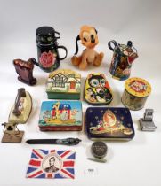 A collection of tins, painted enamel toys etc.